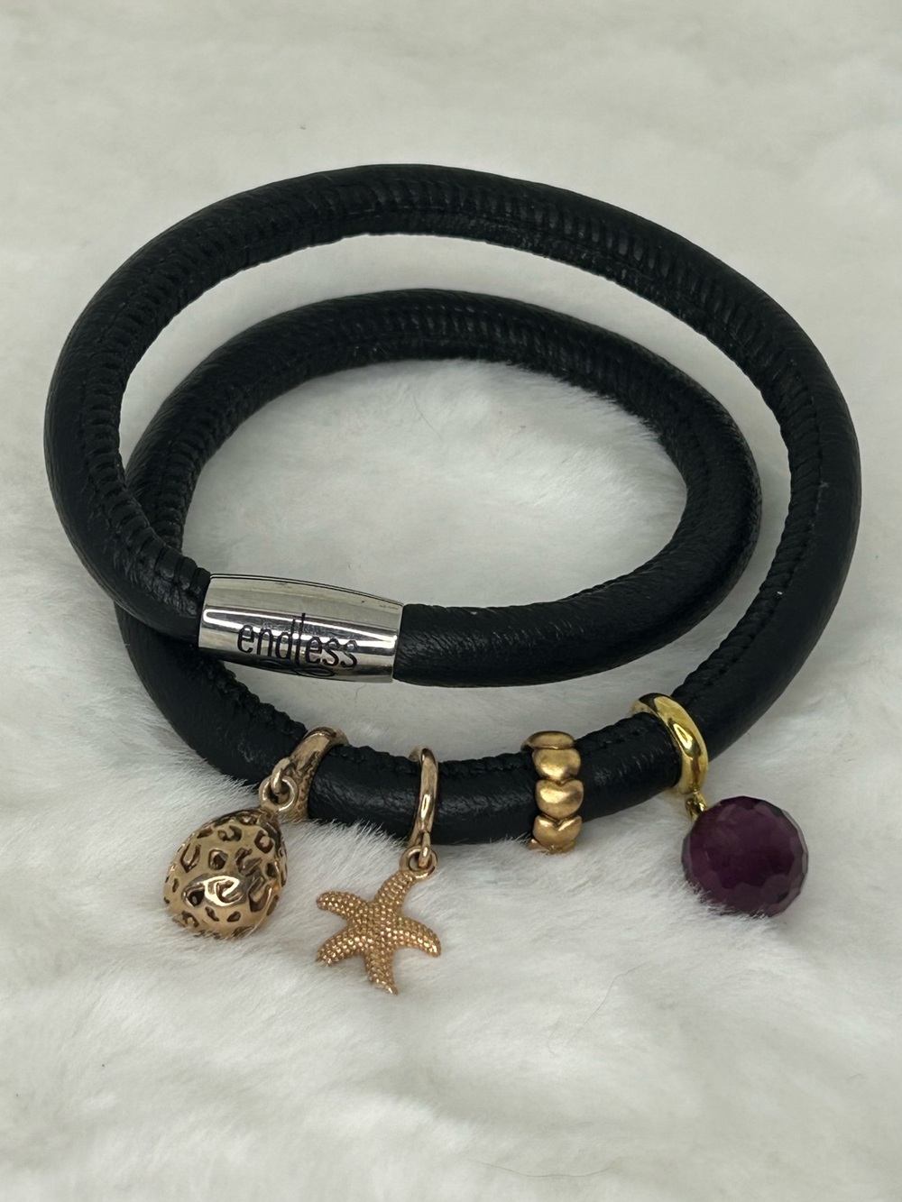 ENDLESS JEWELRY LEATHER WRAP BRACELET WITH FOUR STERLING SILVER 925 CHARMS
